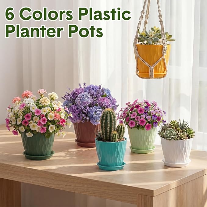 Acellegic 48 Pack 4 Inch Small Pots for Succulents, Waffle Texture Pots with Tray, Plastic Planter with Drainage Holes and Saucers, for Indoor Outdoor Plants Flowers, Seedlings (Multiple Colors)