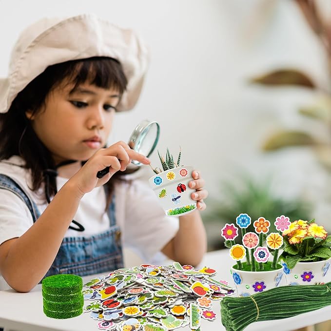 Cinrobiye 24 Set Garden Plastic Pot Craft Kit，DIY Flower Plant Crafts with Adhesive Foam Stickers, Pipe Cleaners, Flower Growing Kit for Spring & Summer, Home & School Creative Art Project Activities