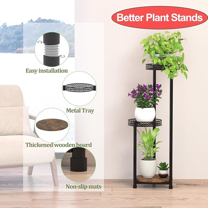 Atpddpey Plant Stand Indoor Outdoor,3 Tier Metal Wood Plant Stand for Multiple Plants,Black Tall Narrow Plants Display Organizer for Corner Living Room Porch Patio Garden Office
