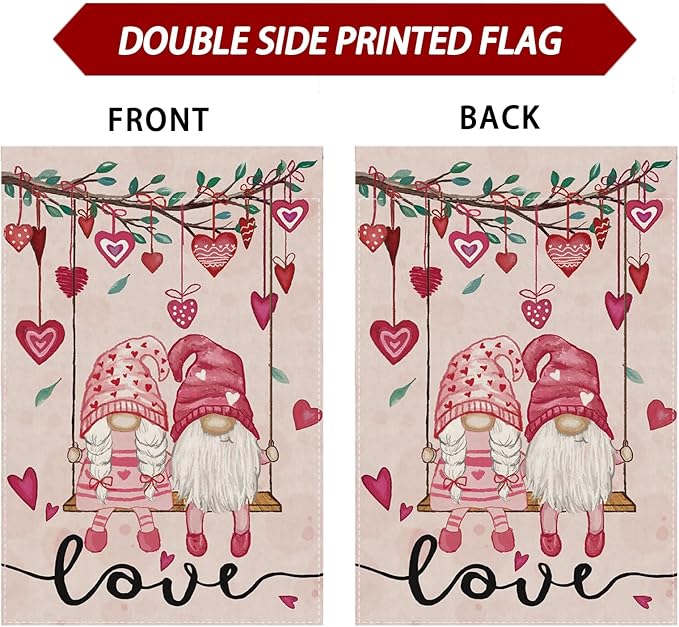 Valentine’s Day Romantic Swing Gnome Love Hearts Garden Flag Yard Flag 12x18 Inch Double Sided Small Mini Yard Outdoor Outside Holiday Decoration