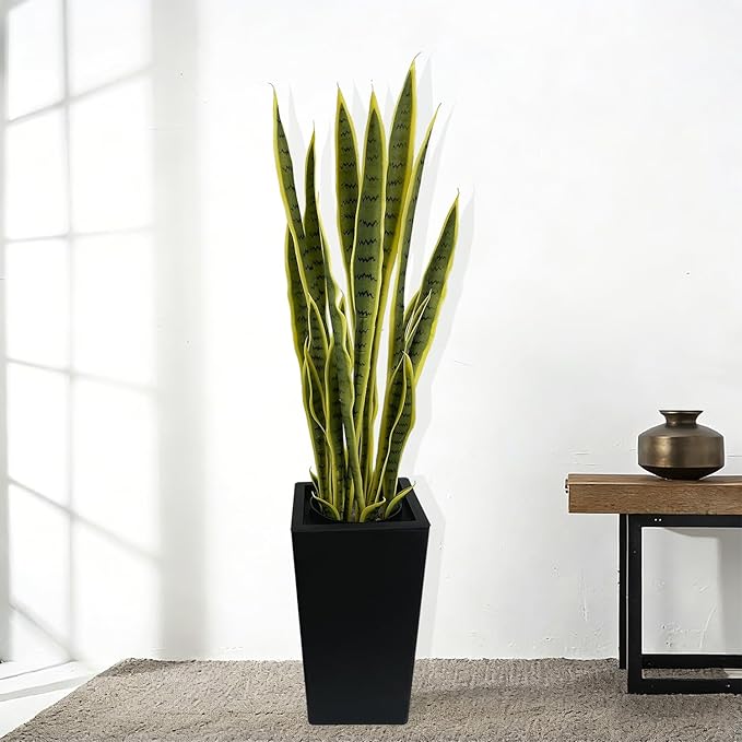 4FT Artificial Snake Plant with Tall Planter, 24 PVC Lifelike Leaves, 48in Faux Sansevieria for Indoor Home & Garden Decor, Potted Mother-in-Law's Tongue Plants, Yellow