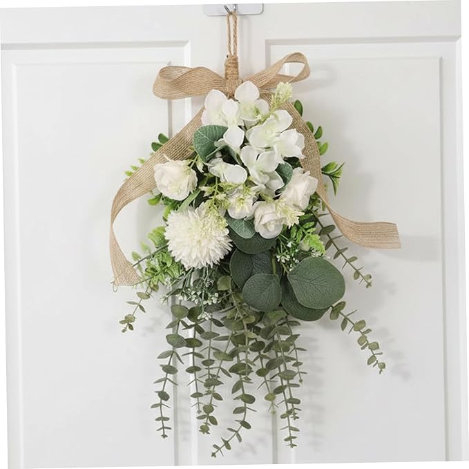 Teardrop Wreath, Large Floral Swag - Artificial White Eucalyptus and Chrysanthemum Hanging Bouquet for Front Door, Wall, and Wedding Decor