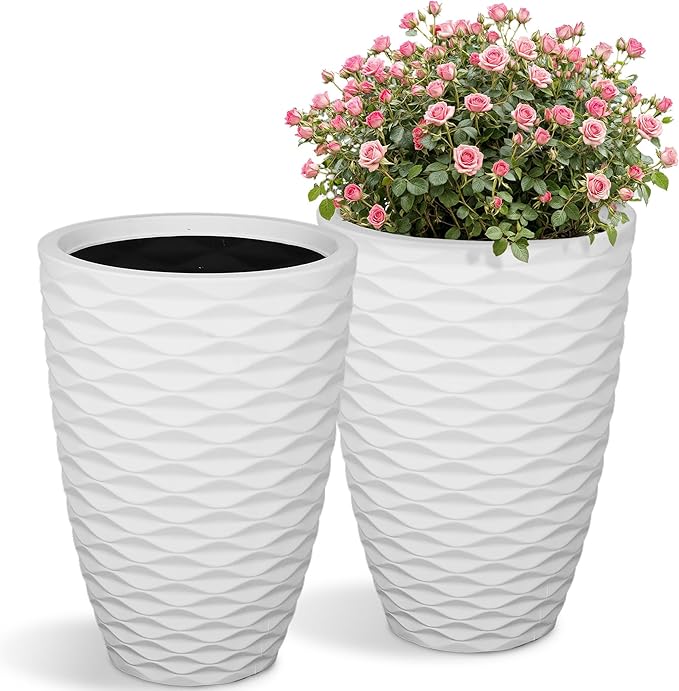 Ultym 19" H Coastal Planter for Indoor/Outdoor Plants, Set of 2 Large Flower Pot with Drainage Hole, Weather/UV Resistant Resin Planters for Garden Patio Porch Home Office Decor, Matte White Wavy