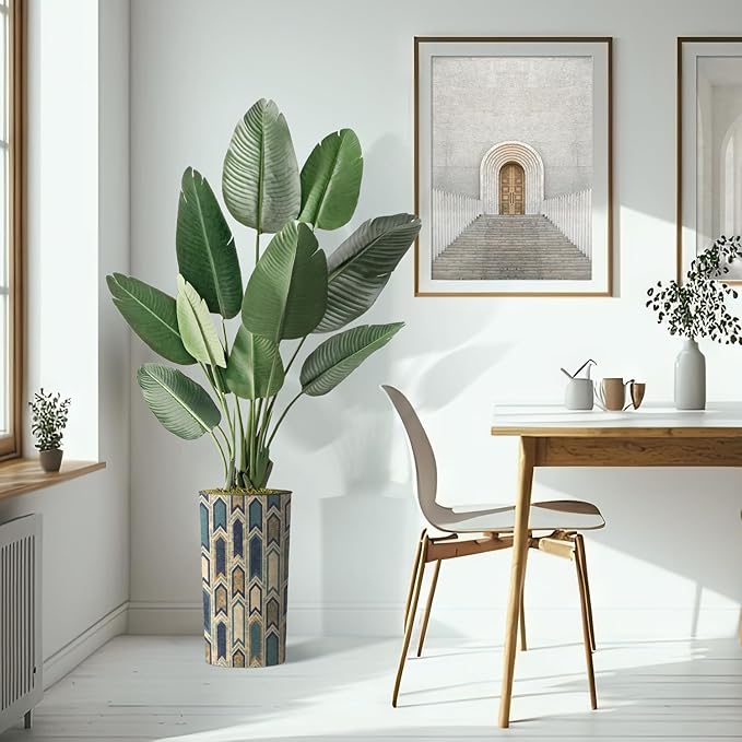 Artificial Tree in Modern Polygon Pattern Effect Planter, Fake Bird of Paradise Silk Tree for Indoor and Outdoor Home Decoration - 67" Overall Tall (Plant Pot Plus Tree)