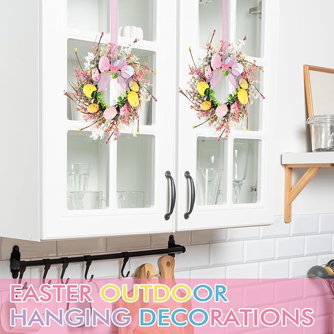 4 Pcs Easter Egg Candle Rings Wreaths Mini Artificial Spring Easter Egg Berry Wreath for Front Door Hanging Kitchen Cabinet Wreath with Ribbon for Porch Wall Window Farmhouse Decor