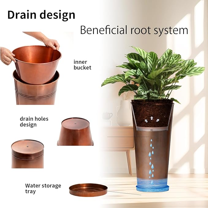 UltiTeque 28in Tall Copper Planters Set of 2,Galvanized Steel Tall Outdoor Planter for Indoor/porches- Copper Color(2planters,2inner pots with Holes,2trays)