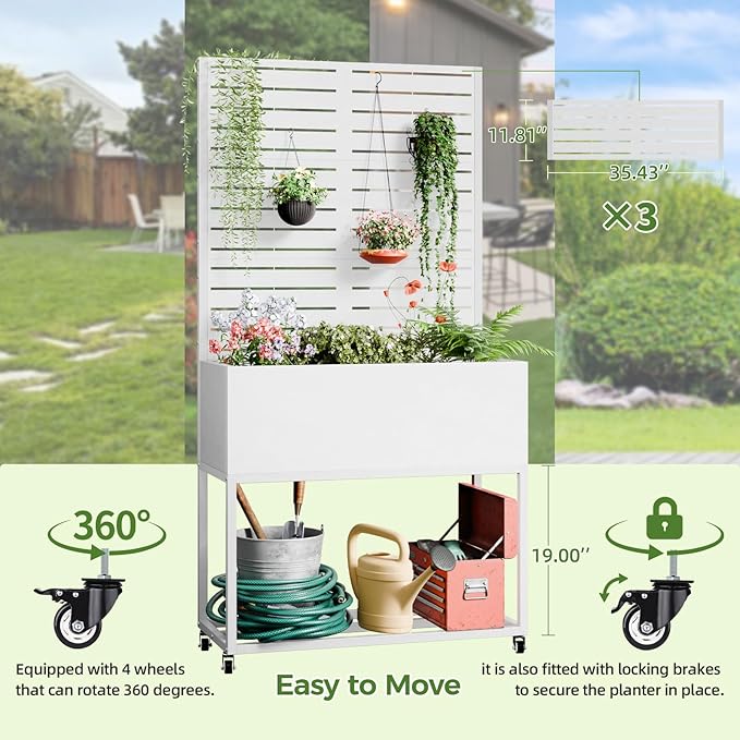Metal Planter Box with Trellis,67" H x35 W Raised Garden Beds with Privacy Screen for Climbing Plants Flower, Elevated Standing Planter Garden Bed with Drainage Holes for Outdoor Patio,White