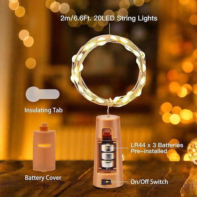 Brightown Wine Bottle Lights with Cork, 10 Pack 20 LED Waterproof Battery Operated Cork Lights, Silver Wire Mini Fairy Lights for Liquor Bottles DIY Party Bar Christmas Wedding Décor