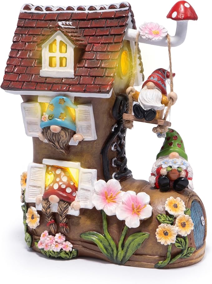 Hodao Spring Solar Gnomes Garden Decor - Whimsical Shoe House with Swinging Gnome, Hand-Painted Floral Base & Mushroom Swing for Porch, Yard, Flower Bed Garden Gifts for Women, Mom (Brown)