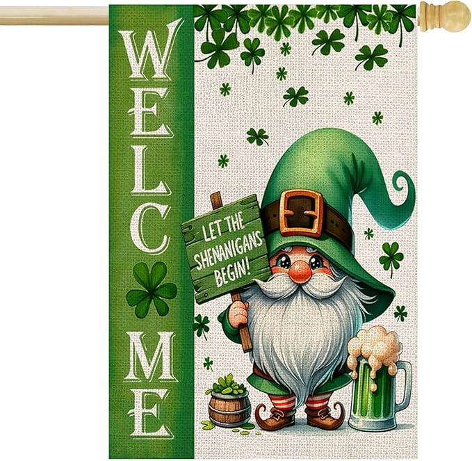 St Patricks Day Welcome House Flag 28x40 Inch Double Sided Gnome Lucky Shamrocks Clovers Large Outside Flag for Yard Outdoor Holiday Decoration