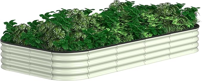 BlueWish 8x4x1FT Metal Raised Garden Bed with Aluminum Support Rods, 11.2’’H Planter Box with Rubber Edges, Many-in-1 Modular Galvanized Raised Garden Bed for Vegetable, Flower, Fruit, Beige