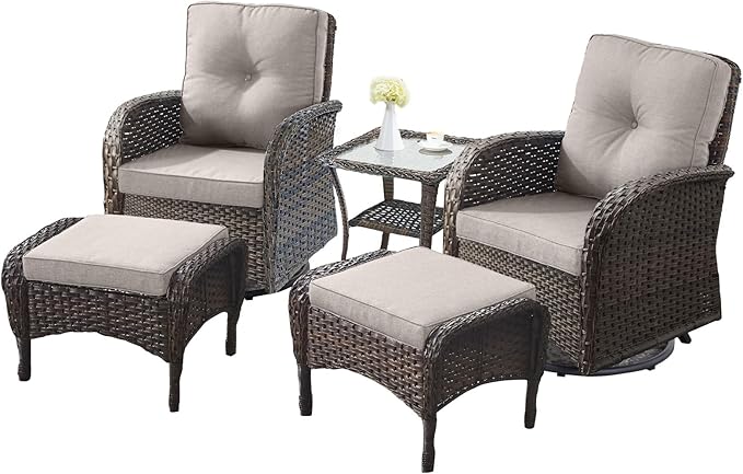 5 Pieces Outdoor Wicker Patio Furniture Set-High Back Outdoor Rocking Chairs Set of 2 with Ottoman Patio Conversation Sets for Deck Lawn Porch Balcony Poolside-Brown/Beige