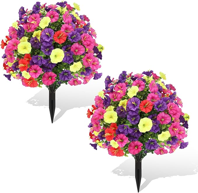 ENVEN Artificial Topiary Ball Tree Outdoor Plants with Ground Spike 22"- UV Resistant Faux Shrubs, Eucalyptus Fake Plants for Indoor & Garden, Yard, Porch, Patio Decor (Mixed Color Morning Glory)