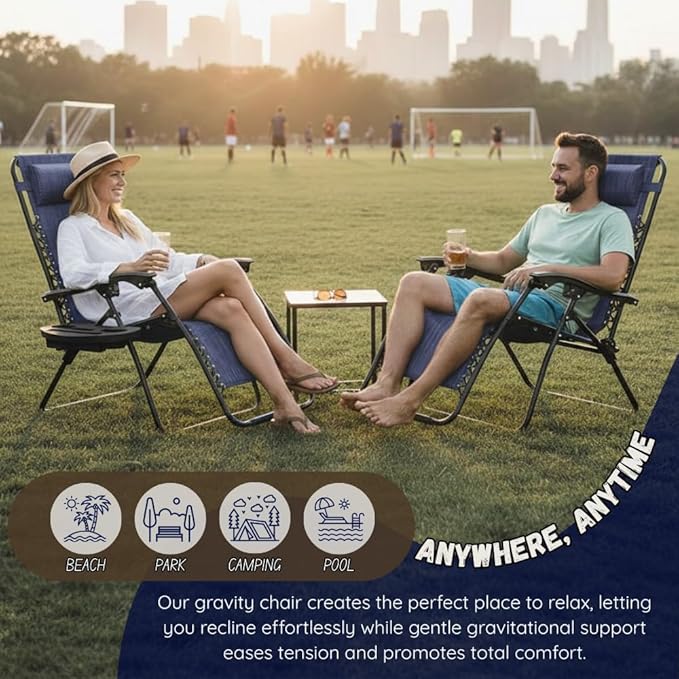 EZONE 1 - Chair Zero Gravity Lounge Chair Outdoor Adjustable Reclining Patio Chair Steel Mesh Folding Recliner for Pool Beach Camping Lounge Chair with Pillow and Cup Tray (1, Navy Blue)