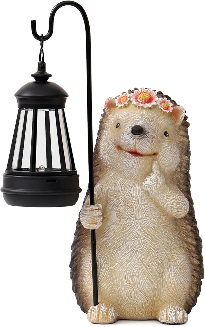 Ploxoiven Garden Hedgehog Gnome Statue Decorations - Solar Resin Hedgehog with Solar Garden Lights Outdoor Decorations for Patio,Yard,Lawn,