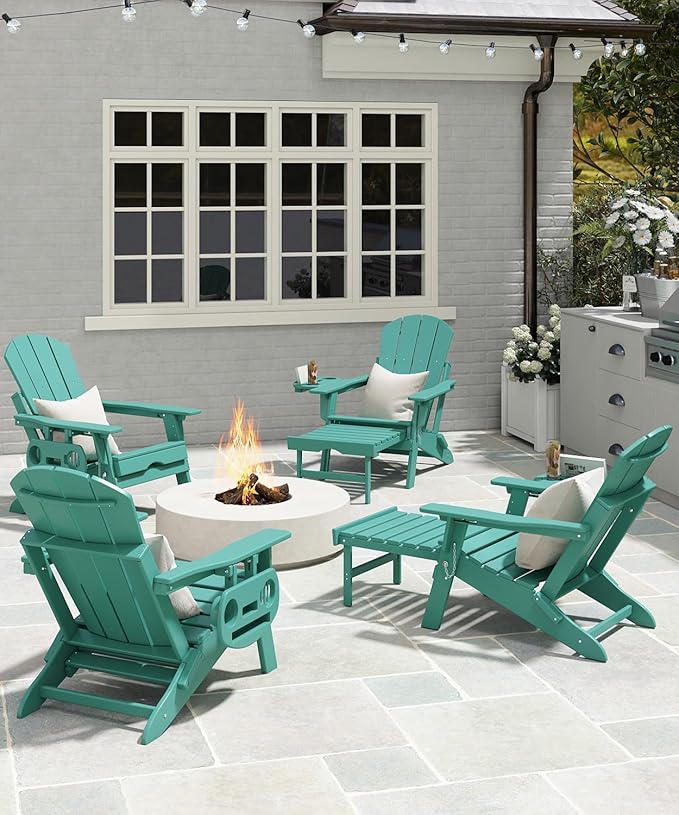 Adjustable Adirondack Chair with Retractable Ottoman Set of 6, HDPE Folding Adirondack Chair with Cup Holder, All Weather Fire Pit Chair for Outdoor.