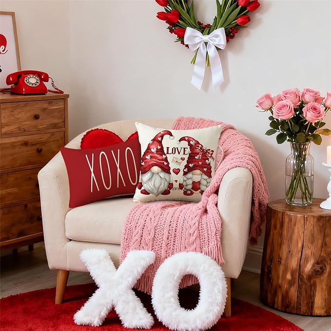 NIGHTWISH Valentine's Day Pillow Covers 12x20 Set of 4 Love Heart Truck Gnomes Valentines Day Decorations XOXO Wedding Throw Cushion Case for Sofa Couch