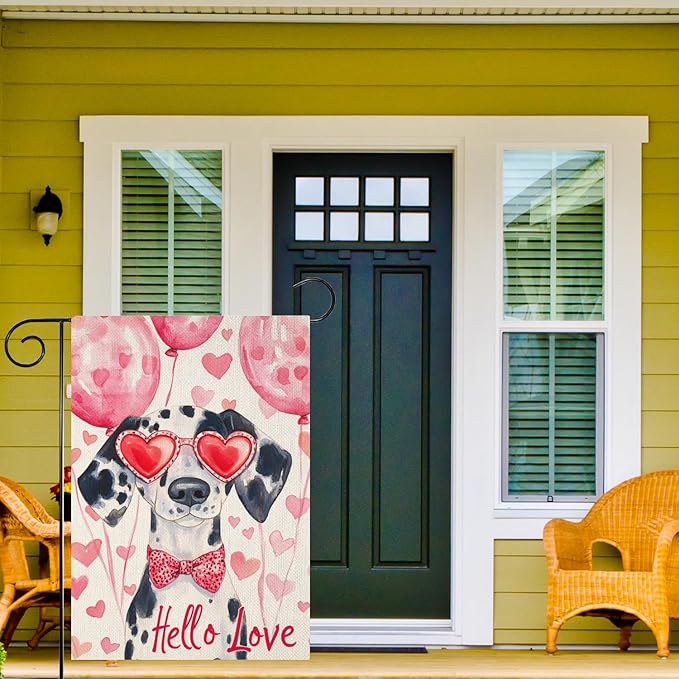 Valentine's Day Dalmatian Hello Love Garden Flag, House Yard Plaid Love Heart Outside Decoration, Spring Holiday Wedding Anniversary Outdoor Small Decor 12x18(12646)