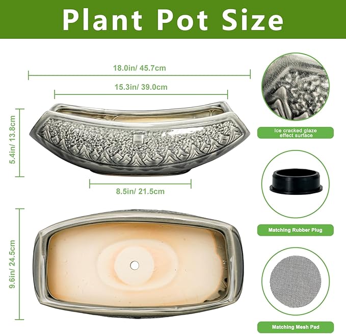 Teagas Bonsai Pots 18 Inch - Ceramic Succulent Pots, Large Bonsai Planter for Indoor Outdoor Plants, Decorative Plant Pot with Drainage Hole, Ceramic Flower Pot, House Decor, Plant Lover Gifts, Grey