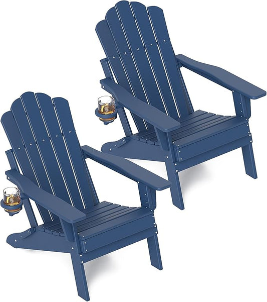 FOOWIN HDPE Adjustable Adirondack Chair Set of 4, 400lbs Heavy Duty Folding Patio Chairs with Cup Holder, 3-Position Reclining Fire Pit Seating, All-Weather Poly Lumber for Backyard, Deck - Navy Blue