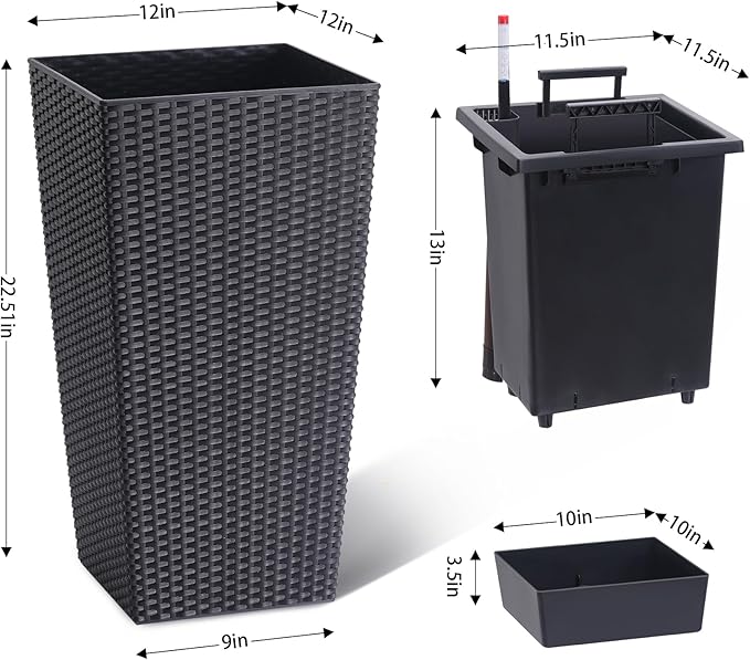 22.5 Inch Tall Planter Set of 2 Large Rattan Flower Pot with 2 Trays & a Water Level Monitor & Wheels Outdoor and Indoor for Patio, Porch, Living Room, or Home Office, Black