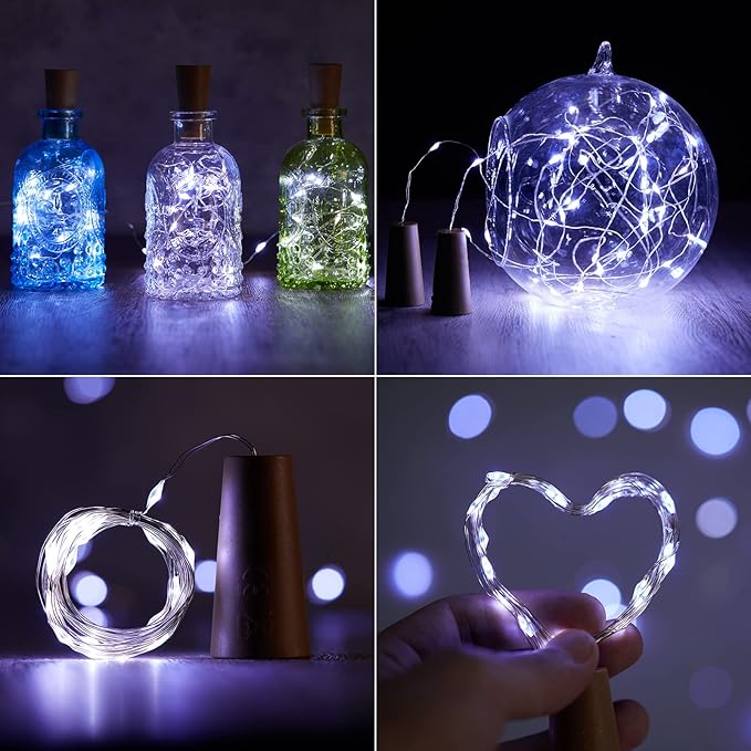 Brightown Wine Bottle Lights with Cork, 10 Pack 20 LED Waterproof Battery Operated Cork Lights, Silver Wire Mini Fairy Lights for Liquor Bottles DIY Party Christmas Wedding Décor, Pure White