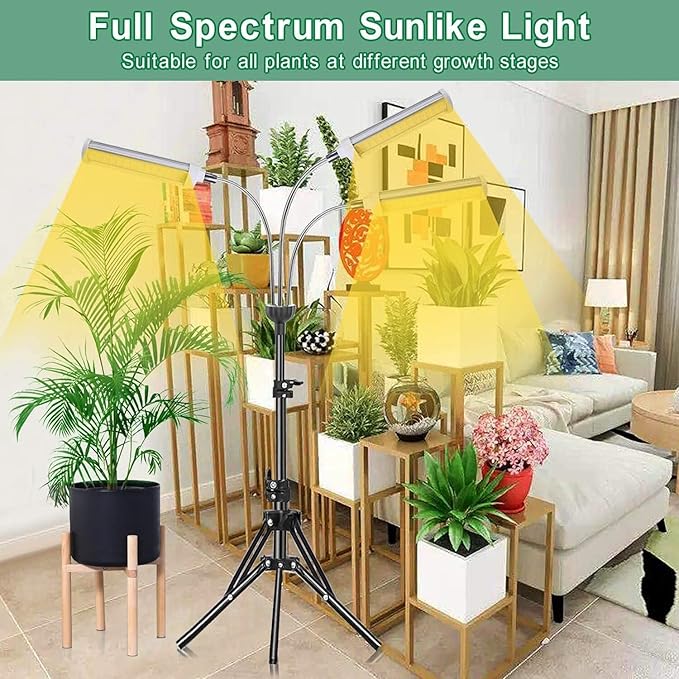 CHANGSHENG Plant Grow Light，Grow Light for Indoor Plants with 20-60'' Height Adjustable- Full Spectrum Timer, 3 Switch Modes, Adjustable Tripod Stand & Gooseneck for Larger Plants (Tri Heads)
