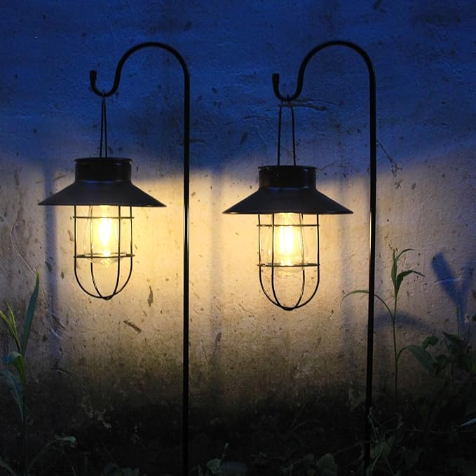 Solar Lanterns Outdoor Waterproof,4pack Hanging Solar Lights Lantern Lamp with Shepherd Hook, Metal Waterproof Edison Bulb Lights for Garden Outdoor Pathway