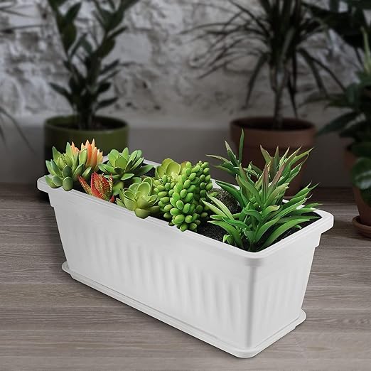 6 Packs 17 Inch Window Flower Planter Boxes, Plastic Vegetable Plant Boxes with 6 Pcs Trays, Rectangle Planter Pots with 30 Pcs Labels, White2