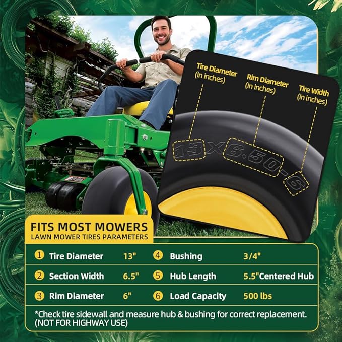 13x6.50-6 Lawn Mower Tires Flat Free with Rim Assemblies (2 Pack),Universal 13x6.5-6 Solid Smooth Rubber Zero-Turn Lawn mowers Tire,5.5"-7.72”Centered Hub and 3/4" extra 5/8" 1/2” Bushings