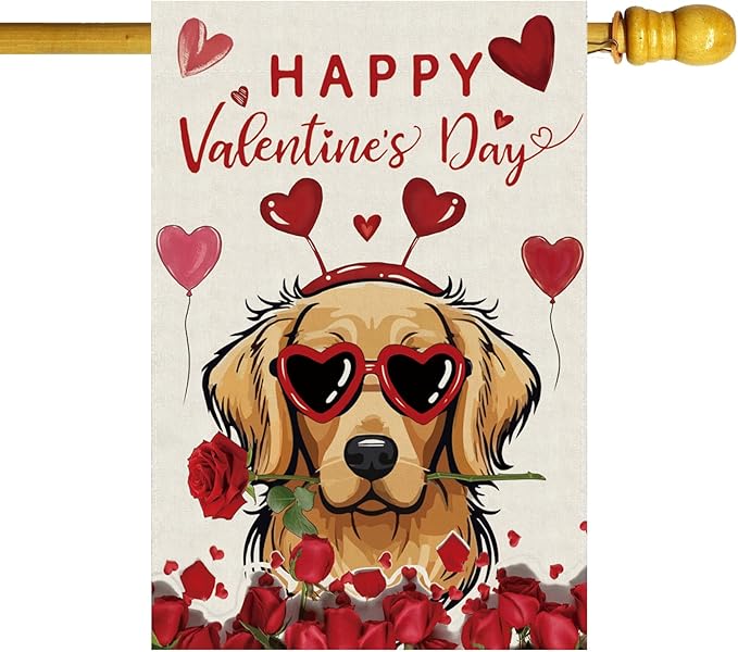 Happy Valentine’s Day Romantic Roses Love Hearts Balloon Dog House Flag Big Large Burlap 28X40 Inch Vertical Double Sided Outside Yard Holiday Outdoor Farmhouse Decoration
