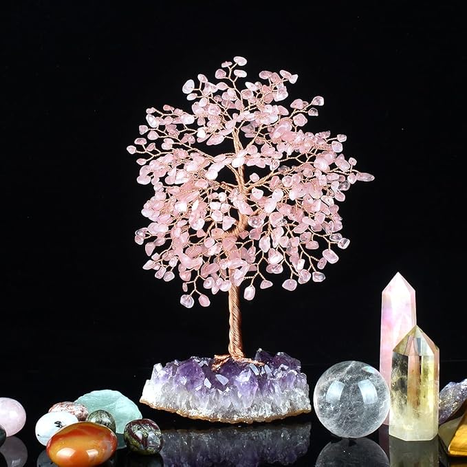 MASGEMES Gemstone Crystal Tree of Life,Natural Rose Quartz(406 Stones Count) with Amethyst Cluster Base,Chakra Positive Energy Feng Shui Decor Bonsai Money Tree,Birthday Gift 8.5''-9''