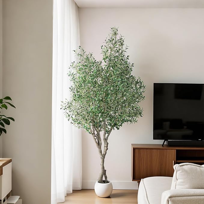Jocoevol Artificial Olive Tree 8FT, Indoor Fake Silk Plant with Realistic Trunk, Leaves, Fruits and White Planter, Faux Potted Tree for Home Decor and Housewarming Gift, 1 Pack
