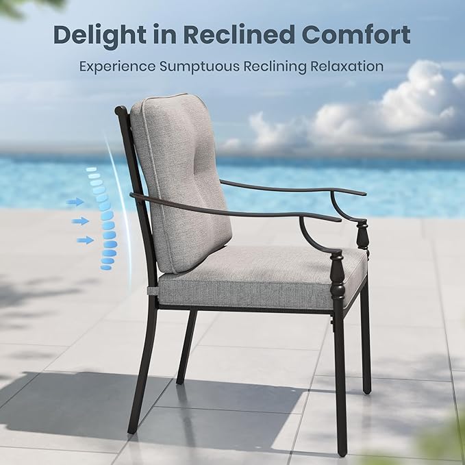 PHI VILLA Outdoor Steel Dining Chairs Set of 4, Heavy-Duty Rustproof Black Wrought Iron Armchairs with Cushions, Large Seating Furniture for Patio, Deck, Backyard, Porch