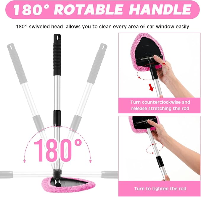 Baderke 10 Pcs Windshield Cleaner Tool Car Window Cleaning Supplies with Extendable Handle Include 6 Washable Microfiber Bonnets 2 Empty 60ml Spray Bottle Glass Wiper Kit(Pink)