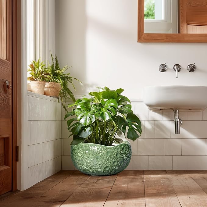 Thirtypot Ceramic Pots for Plants - 13 Inch Large Bonsai Pots Indoor Outdoor, Round Plant Pot with Drainage Hole, Decorative Flower Pot, Modern Unique Planters, Patio Decor, Plant Lover Gifts, Green