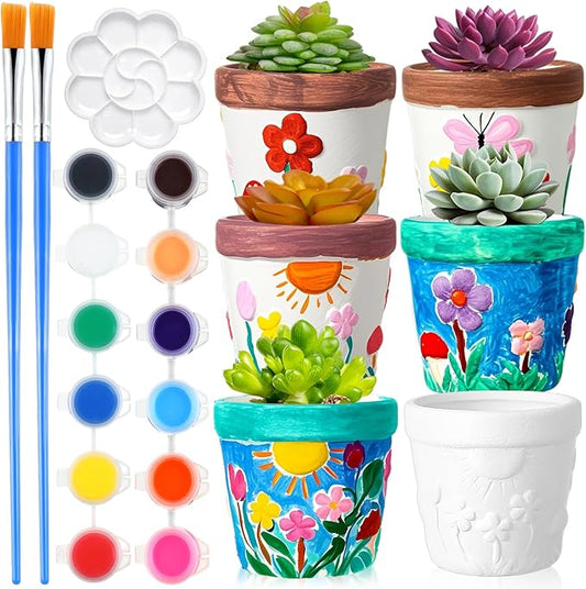 Pasimy 6 Set Ceramics to Paint DIY Ceramic Succulent Planter Pots Paint Your Own Flower Pots Craft Kit Unpainted Bisque Flowerpot with Brush Palette for Family Activity Holiday Gifts(Classic)