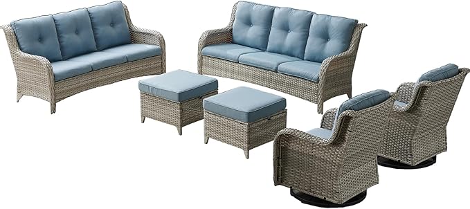 Rilyson Patio Furniture Swivel Chairs Set - 6 PC Wicker Rattan Outdoor Sectional Conversation Sets with 2 Rocking Chair,2 Ottoman and 2 Sofa for Porch Deck Garden(Light Grey/Sky Blue)