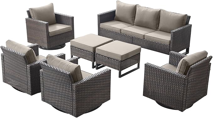 Rilyson Wicker Outdoor Patio Furniture Set - 7 Piece Patio Conversation Set with 4 Swivel Rocker Chairs,2 Rattan Ottoman and 1 Couch for Outside Porch Deck Backyard(Brown/Grey)