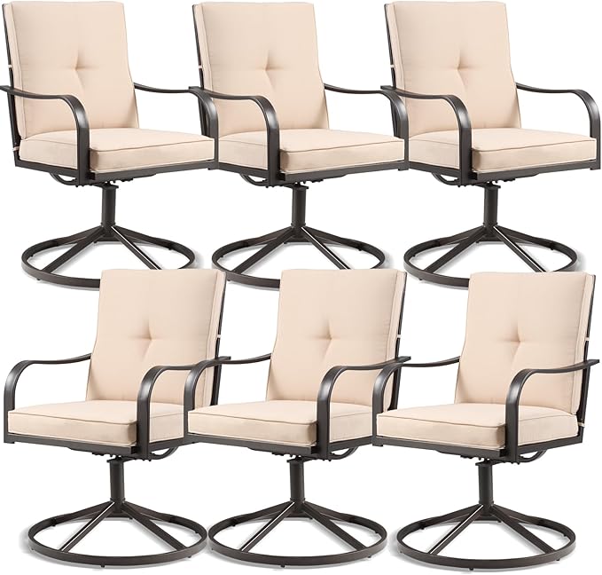 Patio Swivel Chairs Set of 6, Heavy Duty Outdoor Swivel Dining Chairs with Thickened Cushions, All Weather Metal Patio Chair for Outside Garden Lawn Porch, Beige