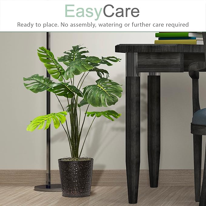 LCG Florals 2.8ft Faux Monstera Deliciosa - Realistic Fade Resistant Foilage, No Maintenance, Large Indoor Artificial Plant in Copper Metal Pot - Living Room, Home & Office Decor