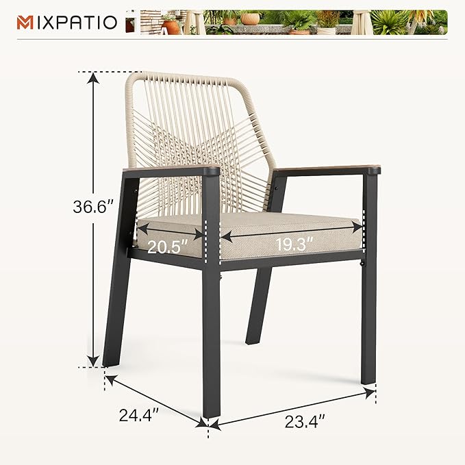 Patio Wicker Chair Sets of 4, Outdoor Dining Chairs with 3.1 inch Seat Cushions, Sturdy Metal Frame & Wood Grain Armrest, Patio Dining Chairs for Porch Backyard, Beige