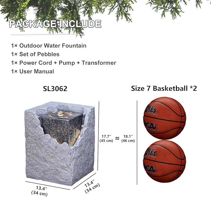 Garden Water Fountain Outdoor Bubbling Fountain Small Fountains Indoor Waterfall Floor Standing Water Fountains for Garden, Patio with LED Lights, Pump, Natural Stones