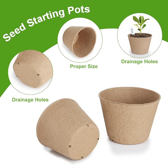 ModaSin 65 Pcs Organic Peat Pots, 4 Inch Nursery Pot Set, Round Plant Seedling Pots with Drainage Holes, Small Seed Starting Starter Tray Bulk, Garden Germination Container with 65 Plant Labels