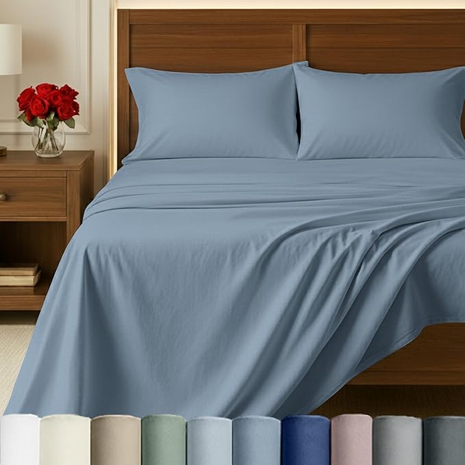 California Design Den 100% Egyptian Cotton Sheets for Full Size Bed, Certified Authentic Deep Pocket Luxury Bed Sheets Set, Extra Soft Sateen Breathable Bed Sheets for Hot Sleepers - Blue Hydrangea
