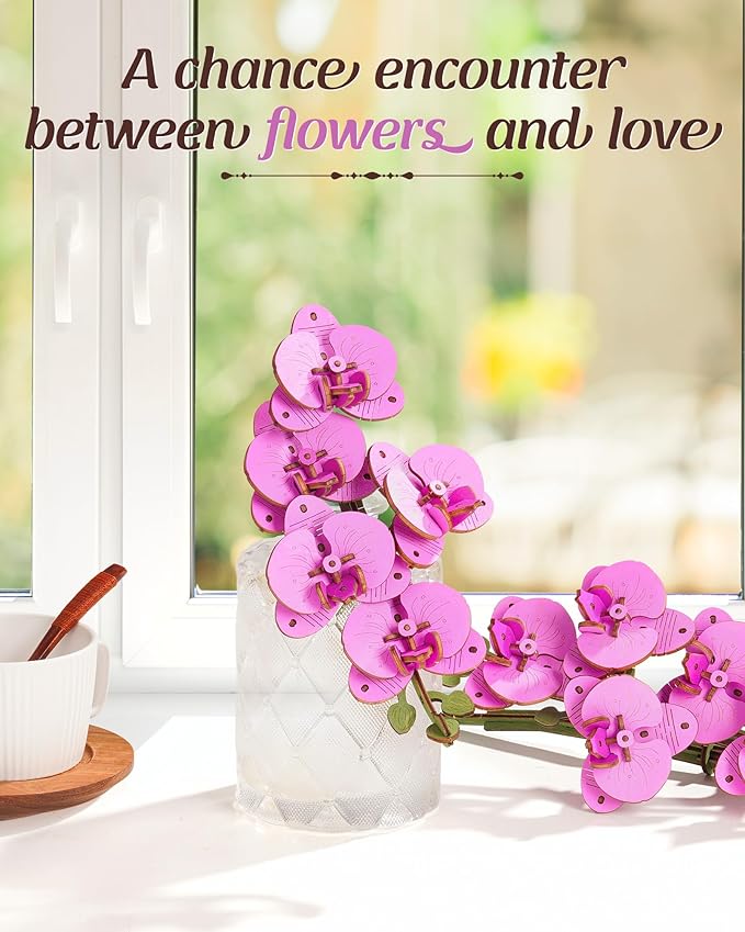 rowood Wooden Flower,3D Puzzles for Adults,Artifical Flower Botanical Collection Building Craft Kit,Mother's Day/Valentine's Day Purple Moth Orchid