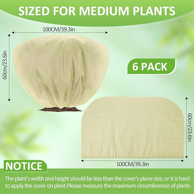 Wesnoy 12 Pcs Winter Plant Covers Freeze Protection 39.4x23.6 Inch Horizontal Shrub Tree Rose Plant Protection Bags Frost Blanket with Drawstring for Fall Winter Outdoor Garden Planting (Beige)
