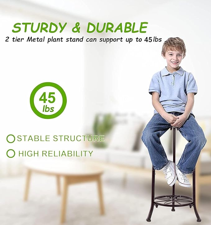 THKFUL 20.3" Christmas Gift Metal Plant Stand 2 Pack - Heavy Duty Rustproof Double-Layer Round Potted Plant Stands Modern Flower Pot Stand for Indoor Outdoor Home Patio Garden Balcony (Brown)