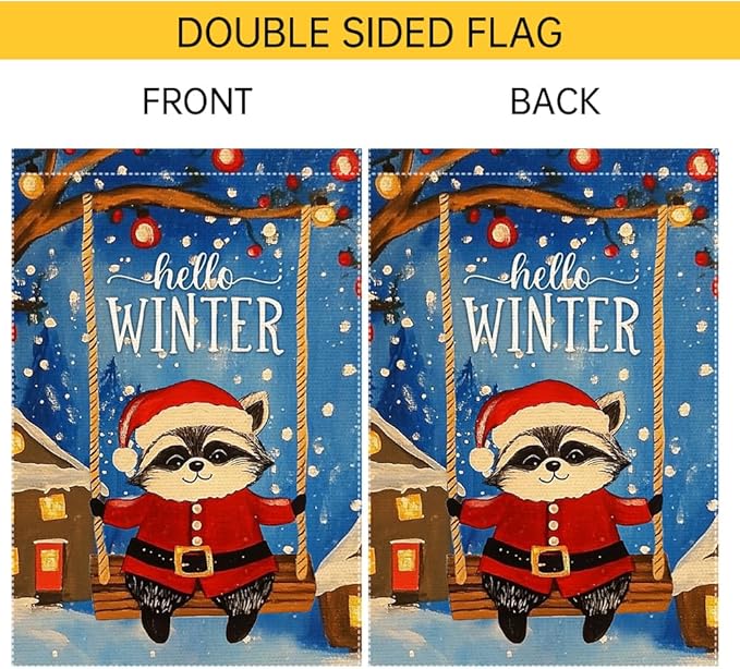 Hello Winter Garden Flag 12x18 Inch Double Sided Burlap Cute Raccoon in Santa Suit on Swing Christmas Holiday Outdoor Decor for Yard Porch Lawn Winter House Decoration