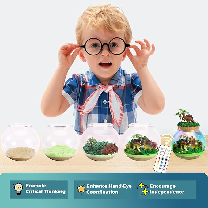 kiddgroo Dinosaur Light-Up Terrarium Kit for Kids- Birthday Gifts for Boys Ages 4 5 6 7 8-12 Year Old- Dinosaur Toys for Boys with Multicolor LED Light & Remote
